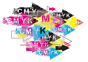 Print colors Arrows with binary codes, print data, grunge background.