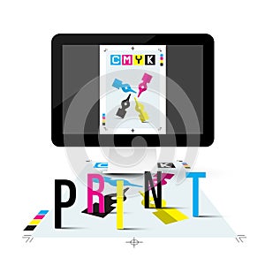 Print Concept with DTP Computer and CMYK Symbol