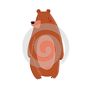 Print. Cute vector bear. Wild forest animal. Funny cartoon grizzly. Cartoon character. The bear stands on its hind legs