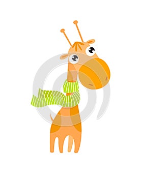 Print. Cute vector giraffe. Little cartoon giraffe. African animal. Wild animal. Cartoon character. Giraffe in a scarf.