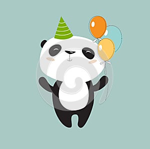 Print. Cute vector panda with balloons. Panda has a birthday. Cartoon panda celebrates the holiday. Asian animal.