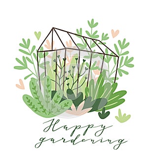 Cute vector seasonal greeting card - Growing flowers and plants in the greenhouse with text `Happy gardening`. photo