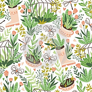 Cute vector seasonal seamless pattern. Growing flowers and plants in the greenhouse. Spring endless garden background.