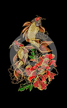 Print with embroidery of Japanese carp koi and peony.