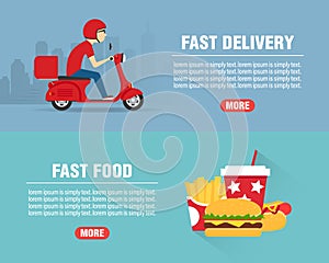 Fast food delivery concept design flat banners set. Delivery man ride scooter motorcycle. Fast food icon