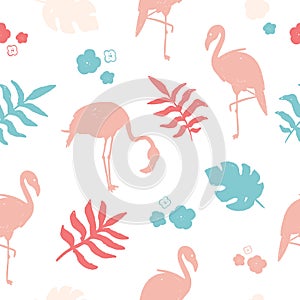 Print Flamingo seamless pattern with tropical jungle. Simple Colorful grunge aloha wallpaper