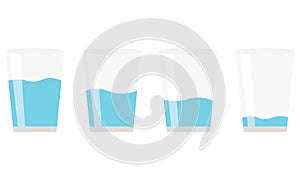 Glasses of water set. Full, half, empty glasses of water.