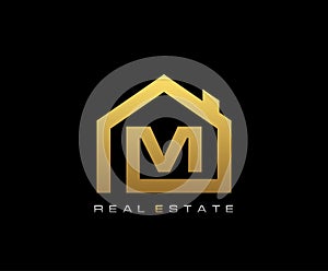 Golden M House Logo Design, Real Estate Icon