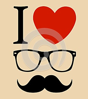 Print I love Hipster style, glasses and mustaches. photo