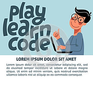 An image of the boy who studies coding. A vector image for a flyer or a poster for the chidren coding school photo