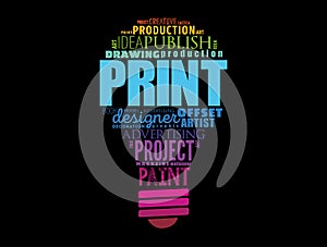 PRINT light bulb word cloud, creative concept