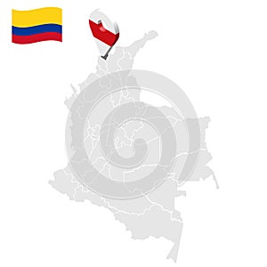 Location of Atlantico on map Colombia. 3d Atlantico location sign. Flag of Atlantico. Q photo