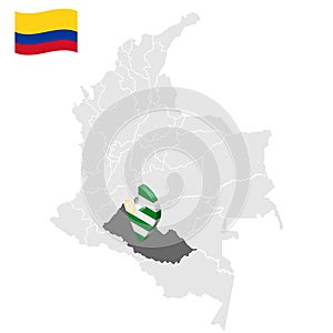 Location of Caqueta on map Colombia. 3d Caqueta location sign. Flag of Caqueta. Quality map with regions  of Colombia photo