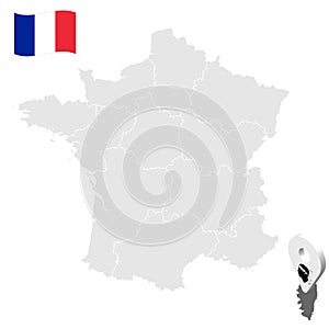 Location of Corsica on map France. 3d location sign similar to the flag of Corsica. Quality map  with regions of  French Republic