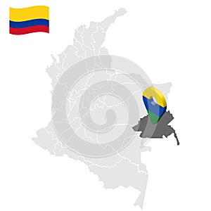 Location of Guainia on map Colombia. 3d Guainia location sign. Flag of Guainia . Quality map with regions of Colombi photo