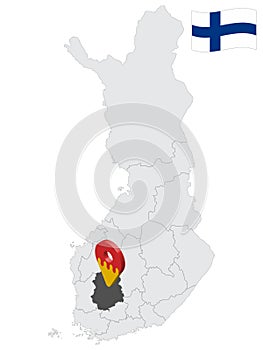 Location Pirkanmaa Region on map Finland. 3d location sign similar to the flag of  Pirkanmaa. Quality map  with regions of  Finlan