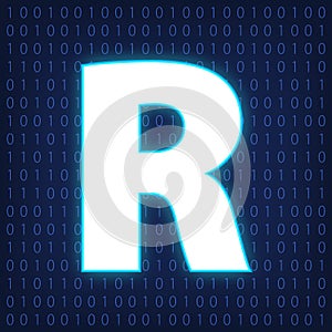 Machine code languages in neon style. Programming languages concept in blue.  Language R on binary code background for your design