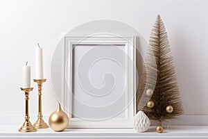 Print mockup on shelf with Christmas decoration