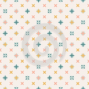 Neutral pastel pattern design in shades of yellow, blue and pink on off-white background. Little colorful stars seamless vector pa