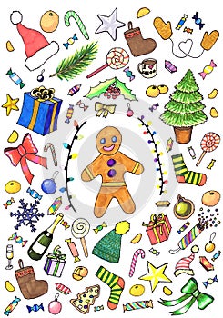 Print on the New Year and Christmas theme. Children`s drawing