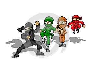 Print Ninjas Squad Illustration In Pixel Art . Cartoon Characters