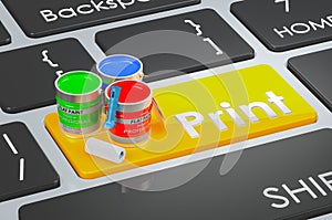 Print orange key. RGB paint cans on keyboard. 3D rendering