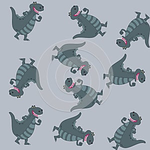 Print pattern with smiling grey dinosaur crocodile and walker on blue background