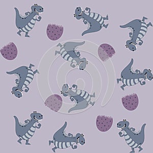 Print pattern with smiling grey dinosaur crocodile and walker with purple egg