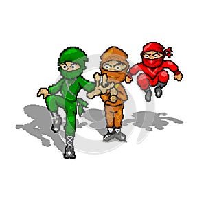 Print Pixel Art Ninjas Character . Cartoon Ninjas 8 Bit , Cartoon Ninjas Illustration , Red, Orange, Green, Ninjas Squad