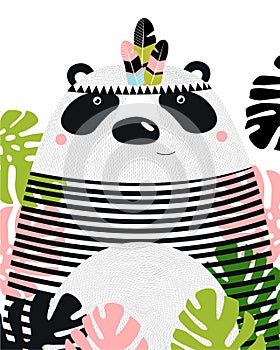 Print. A poster with a panda. A cartoon panda. China. Topic. Foliage.