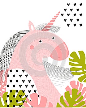 Print. poster with pink unicorn. Cartoon character. Tropical foliage.