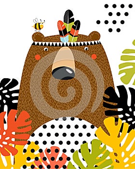 Print. Poster. pop art. A cartoon bear. Green background. Tropics. Brown bear is Indian. Tropical leaves.