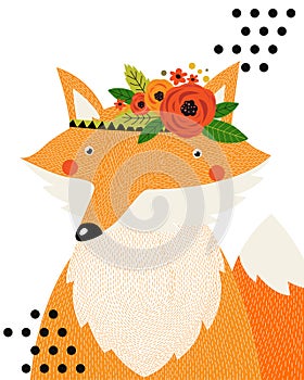 Print. Poster. pop art. cartoon fox. white background. Cartoon character. Beautiful fox