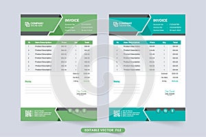 Print ready invoice template vector with green and blue colors. Creative billing paper and cash receipt design for modern business