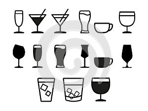 Set of drinks icons, water, soft drink, alcohol, juice, glass, milkshake vector