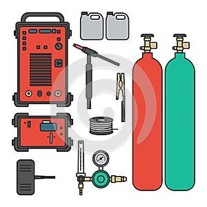 Set of vector illustration gas welding argon machine with regulator tank torch photo