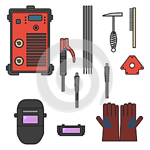 Set of vector illustration welding arc equipment machine glove helmet holder hammer