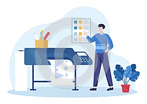 Print Shop Illustration with Production Process at Printing House and Machines for Operating big File Printers in Flat Style