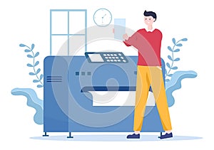 Print Shop Illustration with Production Process at Printing House and Machines for Operating big File Printers in Flat Style