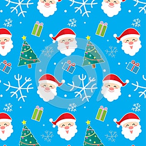 Smiling Santa Claus face,gift boxes,Christmas tree decoration,snow flakes on light blue pattern seamless background design,vector