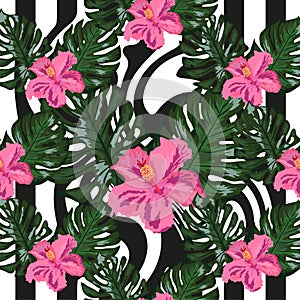 Print summer exotic jungle plant tropical palm leaves and flower red hibiscus. Pattern, seamless floral