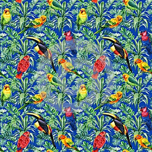 Print summer exotic jungle plant tropical palm leaves. Pattern, seamless floral and bird toucan, parrots