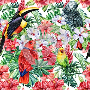 Print summer exotic jungle plant tropical palm leaves. Pattern, seamless floral and bird toucan, parrots
