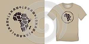 Print on t-shirt graphics design, Africa Map Globe with Adinkra symbols, African hieroglyphs motive image, isolated on background