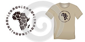 Print on t-shirt graphics design, Africa Map Globe with Adinkra symbols, African hieroglyphs motive image, isolated on white