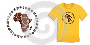 Print on t-shirt graphics design, Africa Map Globe with Adinkra symbols, African hieroglyphs yellow