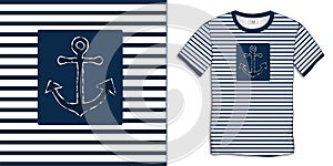 Print on t-shirt graphics design, anchor icon chalky, sailor stripes  background