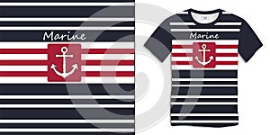 Print on t-shirt graphics design, anchor icon chalky, sailor stripes, t shirt marine striped background