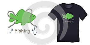 Print on t-shirt graphics design, motive image, fish carp with rope and hooks, isolated on background blank