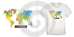 Print on t-shirt graphics design, motive image with world map like splatters, text with the words WORLD OF COLORS, isolated on